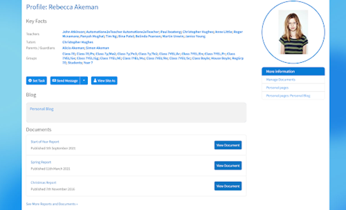 The student profile, now displaying documents sent in SchoolPost (replacing the basic Reports section)